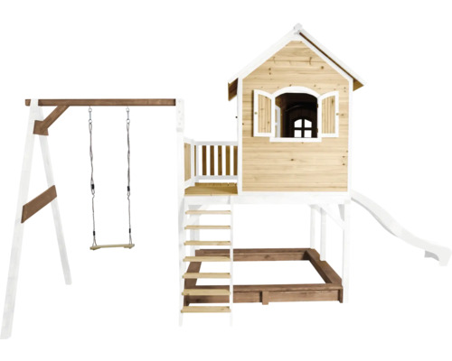 Spielhaus aus Holz mit Schaukel, Rutsche und Sandkasten