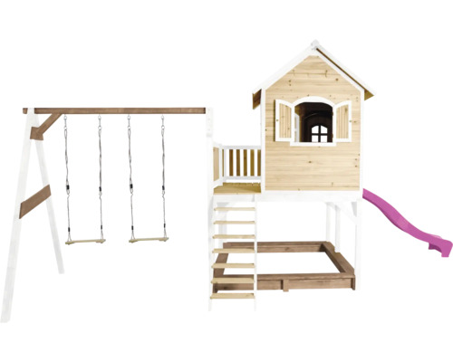 Holzspielhaus mit Schaukel, Rutsche und Sandkasten