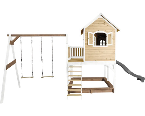 Holzspielplatz mit Schaukel, Spielhaus, Sandkasten und Rutsche