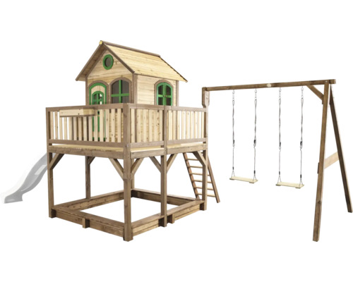 Spielhaus mit Stelzen axi Liam 613 x 277 cm Holz braun inkl. Schaukel, Rutsche weiß