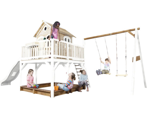 Spielanlage mit Spielhaus, Rutsche, Schaukel und Sandkasten für Kinder