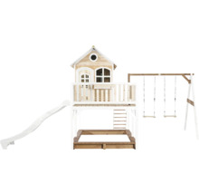 Spielhaus aus Holz mit Rutsche, Schaukel und Sandkasten