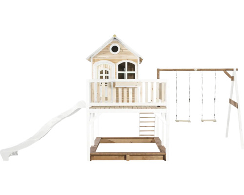 Spielhaus aus Holz mit Rutsche, Schaukel und Sandkasten