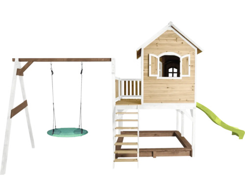 Holzspielhaus mit Schaukel, Rutsche und Sandkasten