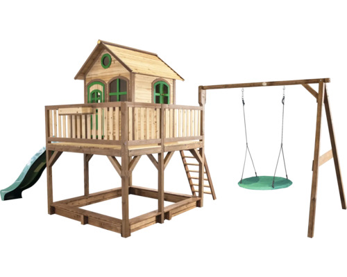 Spielhaus mit Stelzen axi Liam 613 x 277 cm Holz braun inkl. Schaukel türkis Holzspielhaus mit Schaukel, Rutsche und Sandkasten für den Garten