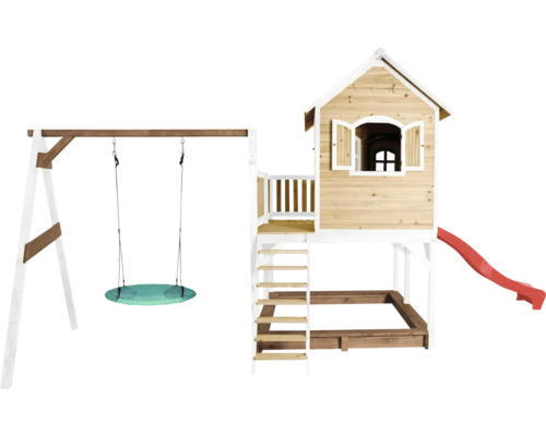 Spielplatz mit Schaukel, Spielhaus, Rutsche und Sandkasten aus Holz