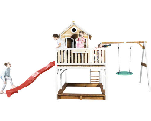 Spielturm mit Rutsche, Sandkasten und Schaukel für Kinder im Garten