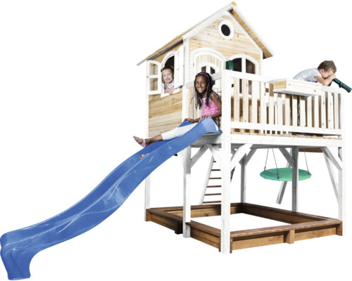 Spielhaus mit Rutsche, Schaukel und Sandkasten für Kinder