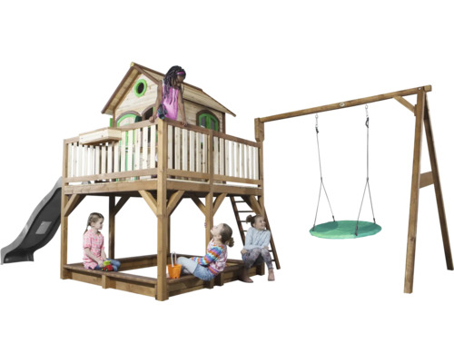 Spielturm aus Holz mit Rutsche, Schaukel und Sandkasten
