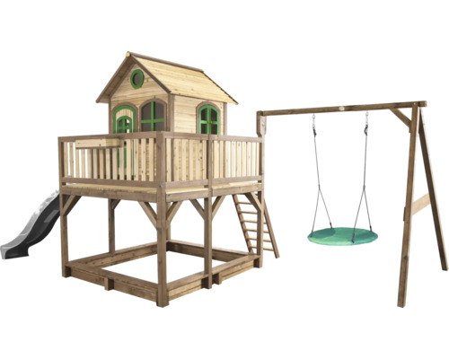 Spielhaus mit Stelzen axi Liam 613 x 277 cm Holz braun inkl. Schaukel, Rutsche grau