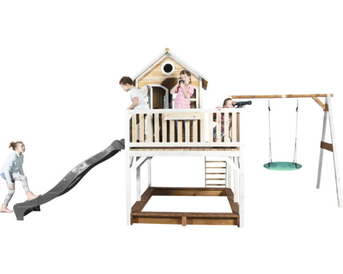 Spielturm mit Rutsche, Schaukel und Sandkasten für Kinder im Garten