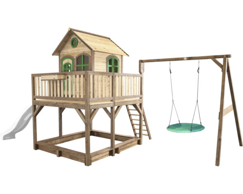 Spielhaus mit Stelzen axi Liam 613 x 277 cm Holz braun inkl. Grüne Schaukel weiß Spielturm mit Rutsche, Sandkasten und Schaukel für den Garten