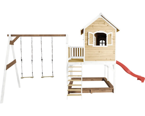 Holzspielhaus mit Schaukel, Rutsche und Sandkasten
