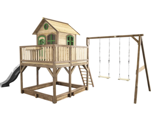 Spielhaus mit Stelzen axi Liam 613 x 277 cm Holz braun inkl. Schaukel, Rutsche grau