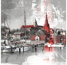 Dekoratives Bild mit Hafenansicht von Flensburg mit Segelbooten und roter Farbgebung.