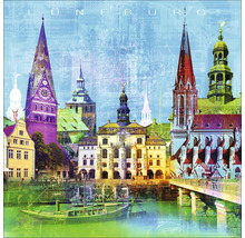 Lüneburg Stadtansicht mit Gebäuden, Brücke und Booten
