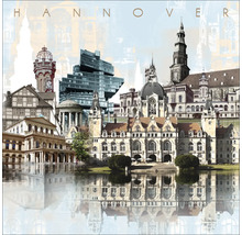 Illustration von Hannover mit verschiedenen architektonischen Wahrzeichen und ihrer Spiegelung im Wasser.
