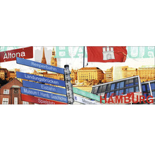 Collage mit Sehenswürdigkeiten und Wegweisern von Hamburg