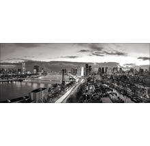 Panoramaaufnahme einer Stadtlandschaft mit Gebäuden, Brücken und Fluss