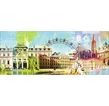 Collage mit Sehenswürdigkeiten von Wien, darunter Schloss Belvedere und Wiener Riesenrad