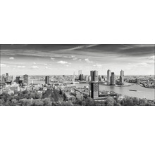 Schwarz-Weiß-Foto der Skyline von Rotterdam mit Wolkenkratzern und Wasserwegen.