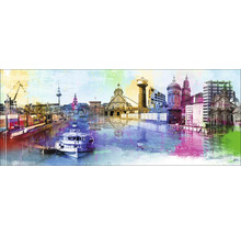 Illustration einer Stadtansicht mit Gebäuden, Schiffen und Kränen