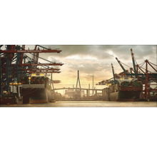 Blick auf Schiffe und Kräne im Hamburger Hafen bei Dämmerung