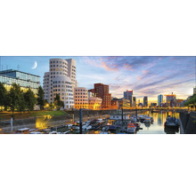 Panoramaansicht von Düsseldorf mit Gebäuden, Wasser und Booten.