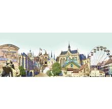 Panoramaansicht einer Stadt mit historischen Gebäuden, Statuen und einem Riesenrad