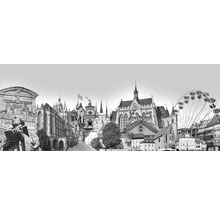 Panoramaansicht einer Stadt mit historischen Gebäuden und einem Riesenrad