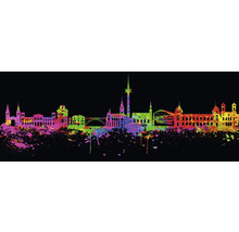 Skyline der Stadt mit bunten Farbspritzern auf schwarzem Hintergrund