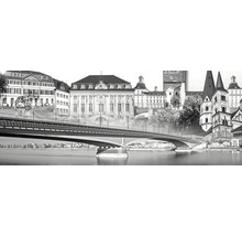 Schwarzweiß-Foto der Stadt Mainz mit Brücke über den Rhein