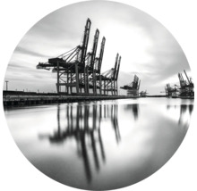 Schwarzweiß-Foto von Containerkränen im Hafen mit Spiegelung im Wasser.