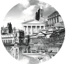 Schwarz-Weiß-Collage verschiedener Gebäude und Denkmäler