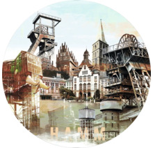 Illustration der Stadt Hamm mit Wahrzeichen wie Fördertürmen und historischen Gebäuden