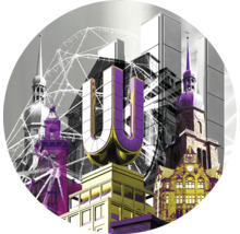 Illustration einer Stadtlandschaft mit dem Buchstaben U