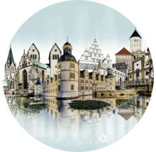 Illustration der Paderborner Skyline mit historischer Architektur und Wasserreflektionen
