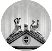 Erfurt Stadtwappen mit Statuen und Gebäudeansicht