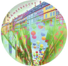 Illustration der Krämerbrücke in Erfurt mit Fachwerkhäusern und Dekoration