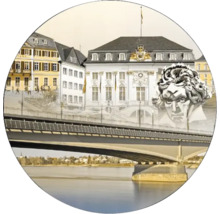 Collage mit Brücke, historischer Architektur und Skulptur