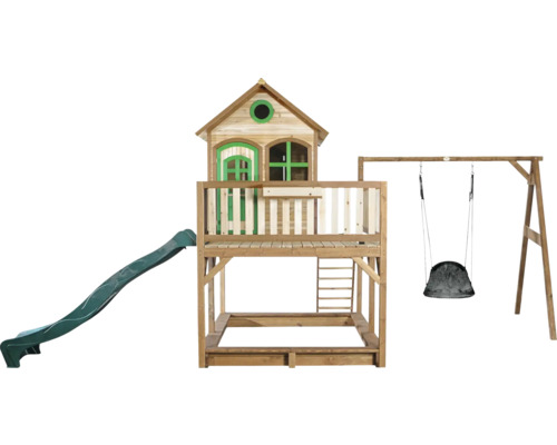Spielturm aus Holz mit Rutsche und Schaukel für den Außenbereich