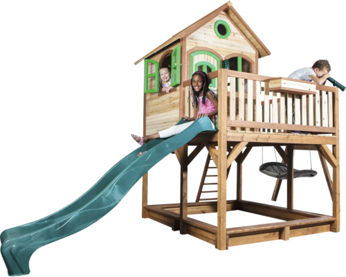 Spielhaus aus Holz mit Rutsche, Schaukel und Sandkasten für Kinder