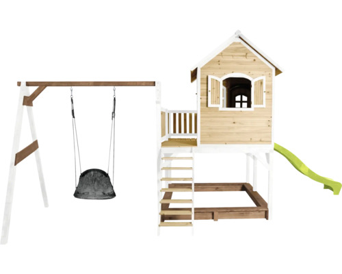 Spielplatz mit Schaukel, Spielhaus, Rutsche und Sandkasten