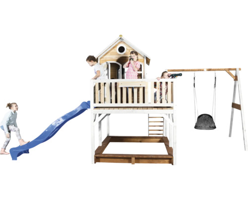 Spielturm mit Rutsche, Schaukel und Sandkasten für Kinder im Garten