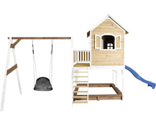 Spielanlage aus Holz mit Schaukel, Spielhaus und Rutsche