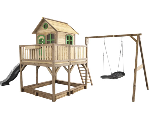 Spielhaus mit Stelzen axi Liam 613 x 277 cm Holz braun inkl. Schaukel, Rutsche grau