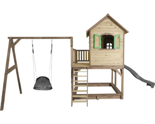 Spielturm mit Schaukel, Rutsche und Sandkasten aus Holz
