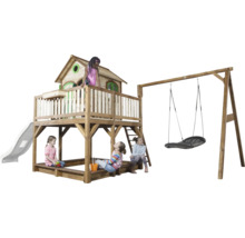 Spielturm aus Holz mit Schaukel, Rutsche und Sandkasten für Kinder