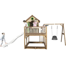 Spielturm aus Holz mit Rutsche, Schaukel und Sandkasten für Kinder