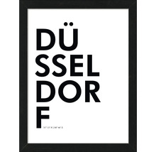 Gerahmtes Bild mit dem Schriftzug Düsseldorf und Koordinaten